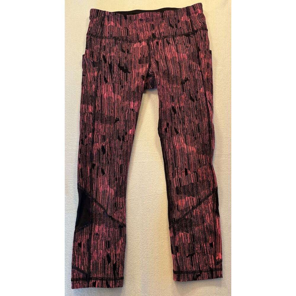 Lululemon Pace Rival‎ Crop Down Pour Electric Coral Pink Black Leggings Womens 4